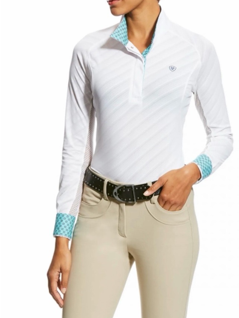 #966 Ariat White Long-Sleeve Show Shirt with Teal Accents. Excellent Condition.